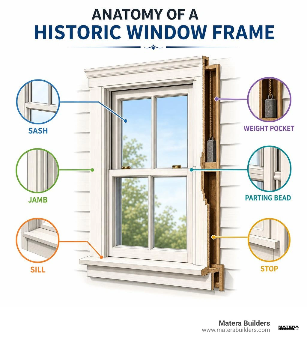 Anatomy of a historic window frame with labels for sash, jamb, sill, weight pocket, parting bead, and stop infographic Anatomy of a historic window frame with labels for sash, jamb, sill, weight pocket, parting bead, and stop infographic