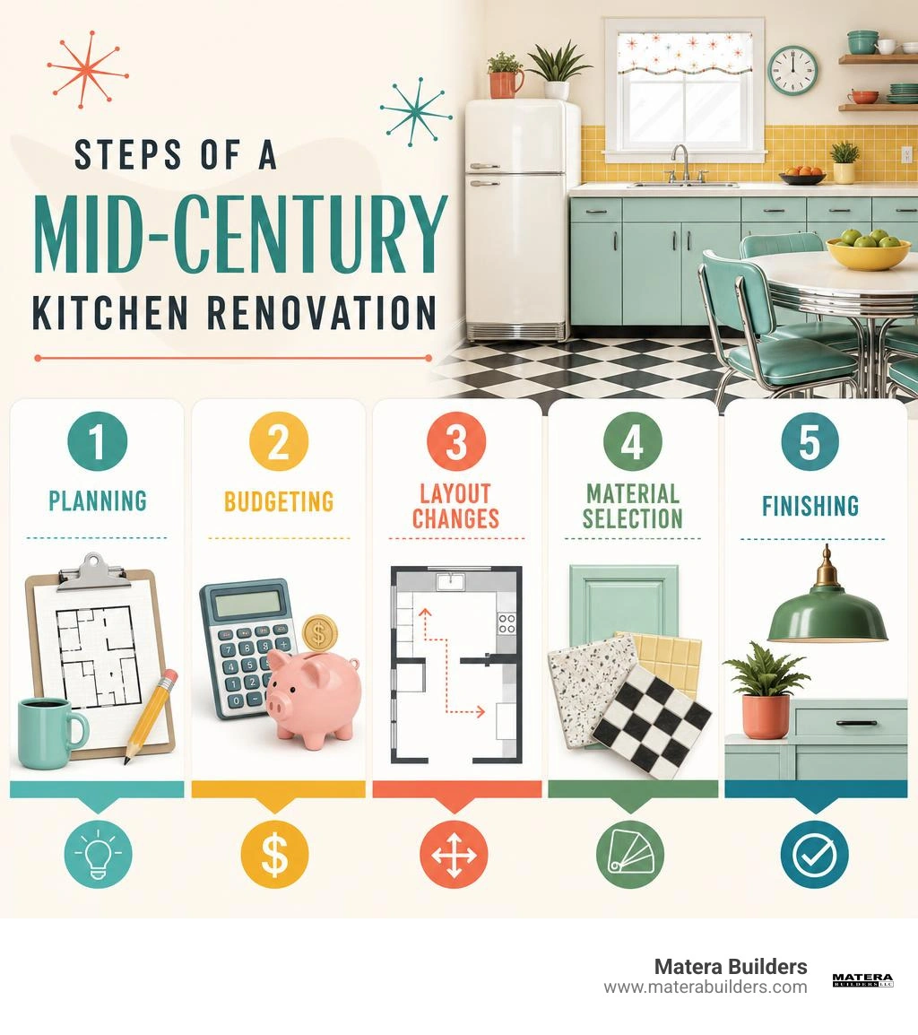 Steps of a mid-century kitchen renovation: planning, budgeting, layout changes, material selection, finishing infographic
