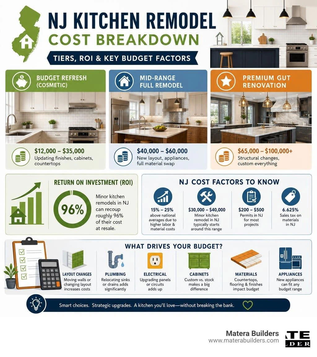 NJ kitchen remodel cost breakdown infographic showing tiers, ROI, and key budget factors infographic NJ kitchen remodel cost breakdown infographic showing tiers, ROI, and key budget factors infographic