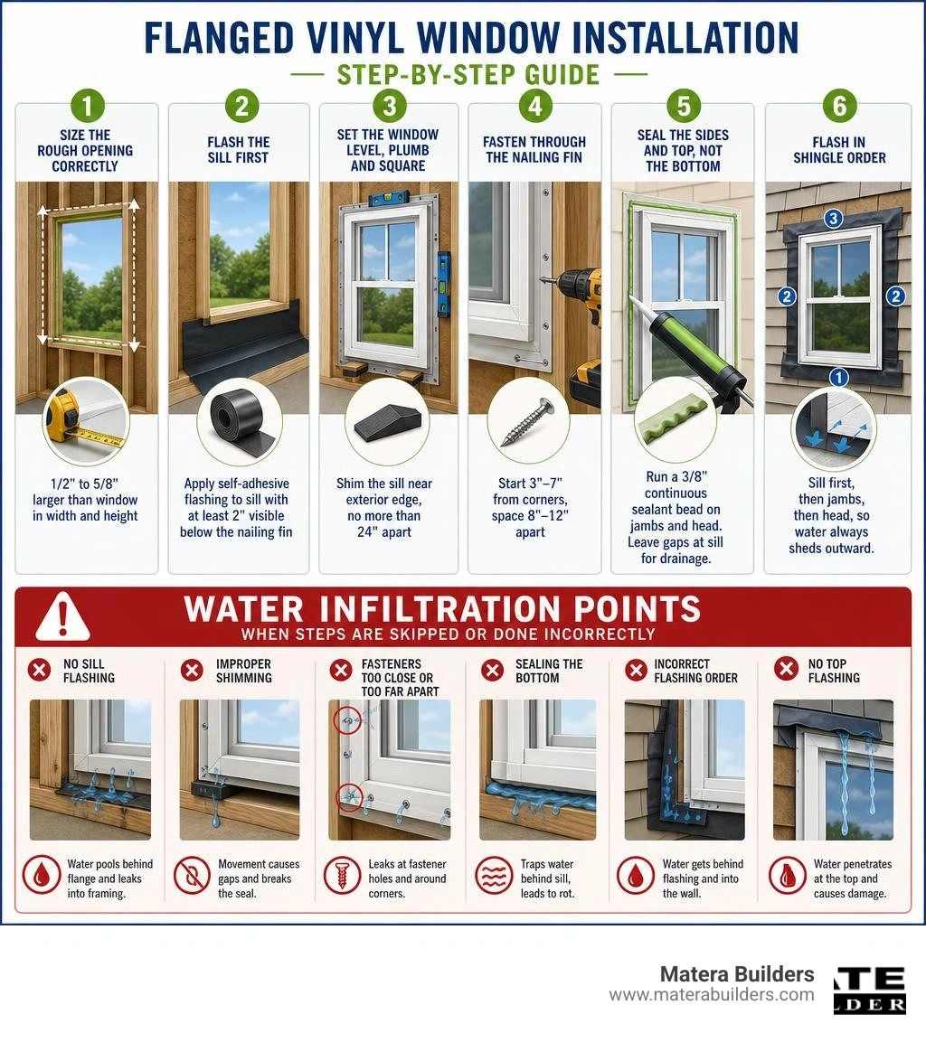 Step-by-step infographic showing flanged vinyl window installation sequence and water infiltration points infographic