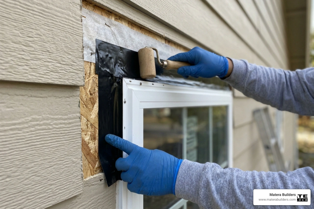 Applying flashing tape over the side and top nailing flanges to prevent water leaks