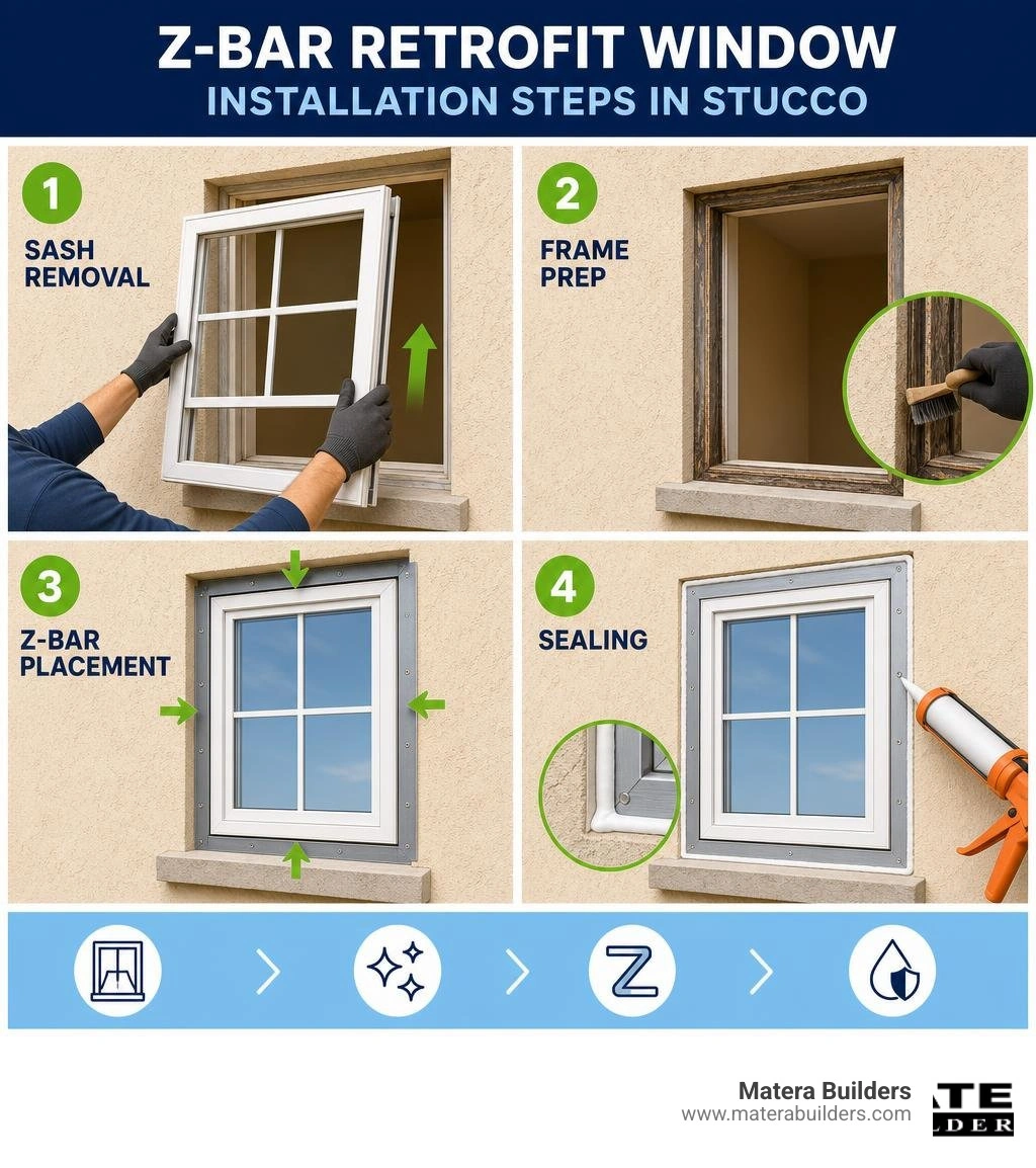 Infographic: Z-bar retrofit window installation steps in stucco — sash removal, frame prep, Z-bar placement, sealing Infographic: Z-bar retrofit window installation steps in stucco — sash removal, frame prep, Z-bar placement, sealing