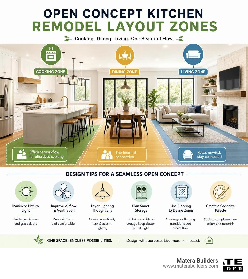 Open concept kitchen remodel layout zones infographic: cooking, dining, living areas with design tips infographic Open concept kitchen remodel layout zones infographic: cooking, dining, living areas with design tips infographic