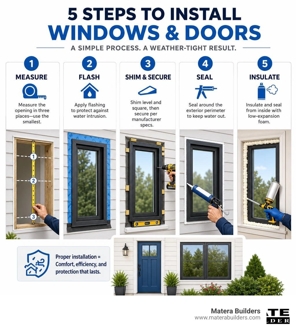 Infographic showing steps for installing windows and doors including measuring, flashing, shimming, sealing, and insulating Infographic showing steps for installing windows and doors including measuring, flashing, shimming, sealing, and insulating