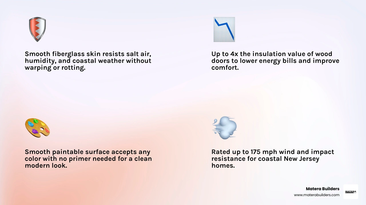 Infographic showing Smooth-Star benefits: fiberglass material, no rot or rust, 4x wood R-value, ENERGY STAR rated, 175 mph Infographic showing Smooth-Star benefits: fiberglass material, no rot or rust, 4x wood R-value, ENERGY STAR rated, 175 mph