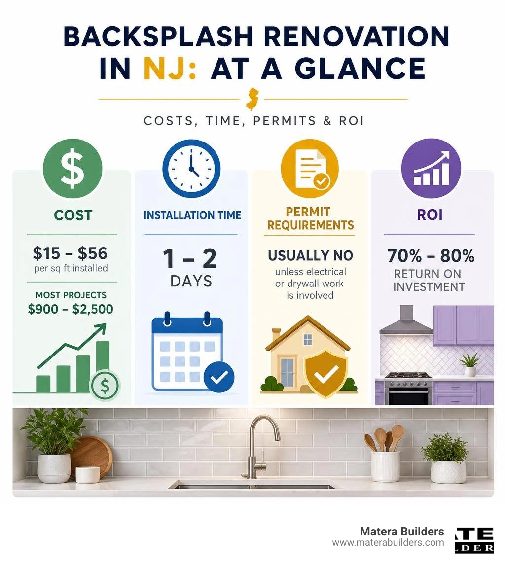 Infographic showing backsplash material costs, installation time, permit requirements, and ROI for NJ kitchen renovations Infographic showing backsplash material costs, installation time, permit requirements, and ROI for NJ kitchen renovations