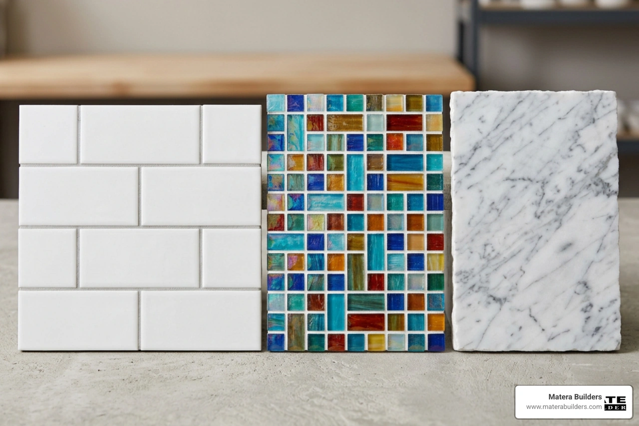 A selection of popular backsplash tiles including subway tile, glass mosaic, and natural stone A selection of popular backsplash tiles including subway tile, glass mosaic, and natural stone