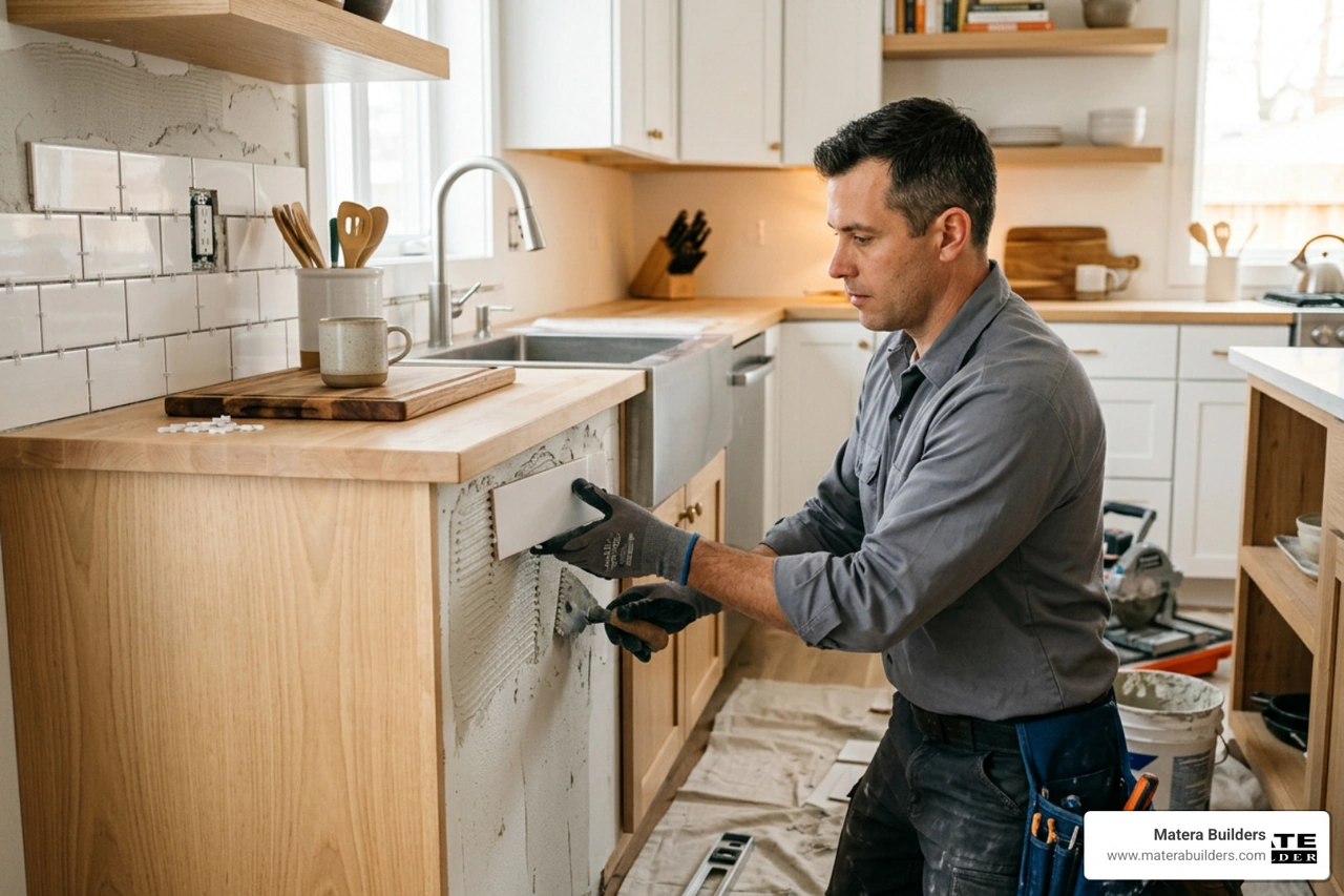 Professional tile installer carefully placing subway tiles on a kitchen wall Professional tile installer carefully placing subway tiles on a kitchen wall