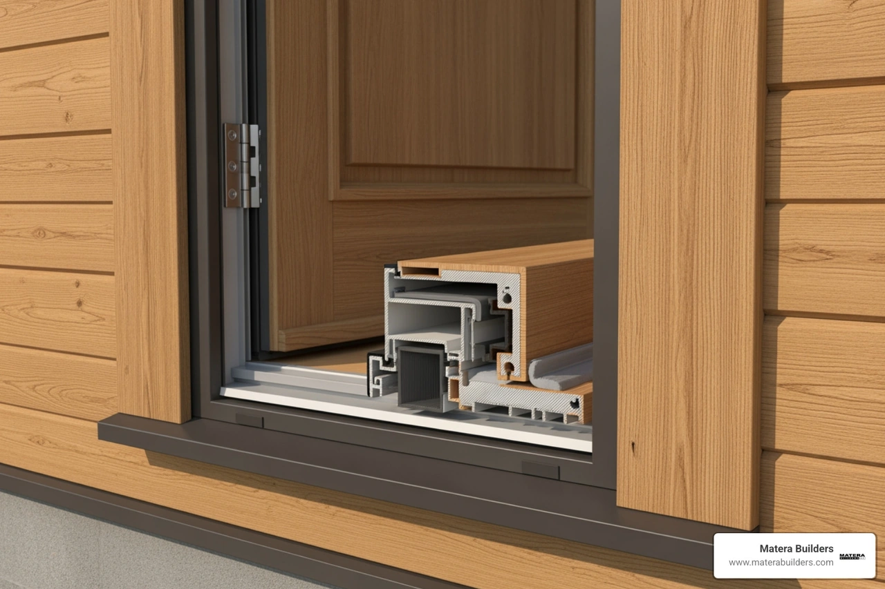 Complete door system diagram showing frame, hinges, weatherstripping, and sill components Complete door system diagram showing frame, hinges, weatherstripping, and sill components