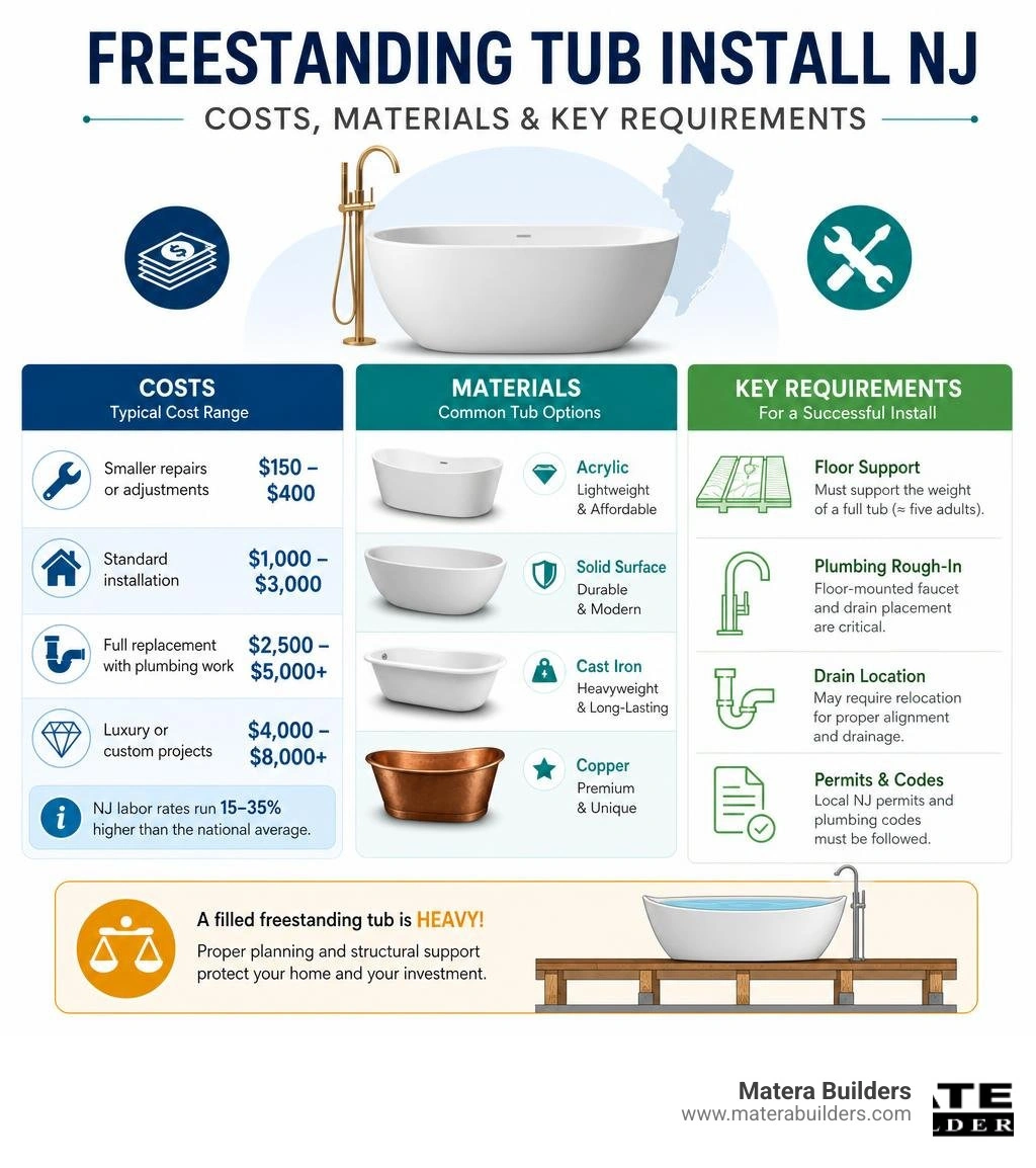 Infographic comparing freestanding tub install NJ costs, materials, and key requirements infographic Infographic comparing freestanding tub install NJ costs, materials, and key requirements infographic