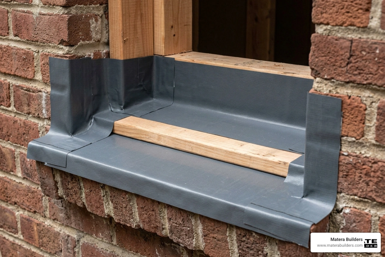 A properly flashed sill pan in a brick window opening A properly flashed sill pan in a brick window opening
