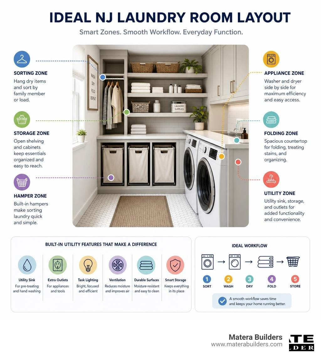 Infographic showing ideal NJ laundry room layout with storage zones, appliance placement, and utility features infographic Infographic showing ideal NJ laundry room layout with storage zones, appliance placement, and utility features infographic