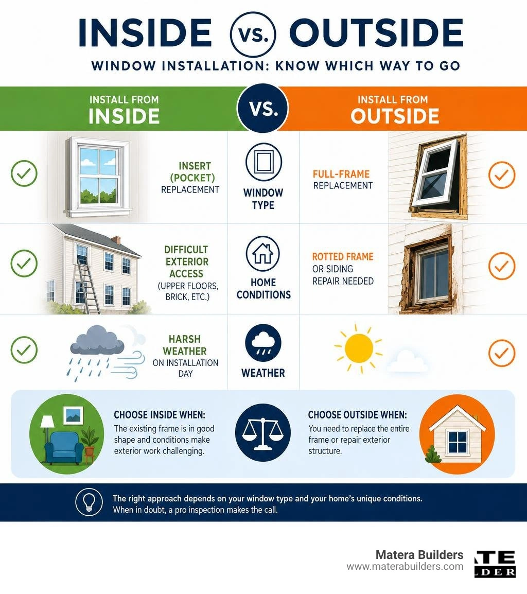 infographic showing inside vs outside window installation decision based on window type and home conditions infographic infographic showing inside vs outside window installation decision based on window type and home conditions infographic