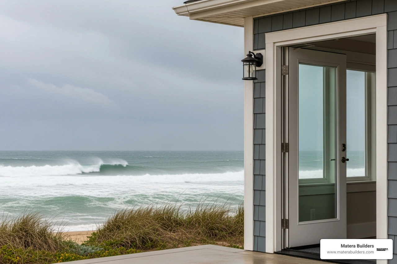 A durable coastal storm-rated outswing door system standing up to harsh oceanfront weather A durable coastal storm-rated outswing door system standing up to harsh oceanfront weather