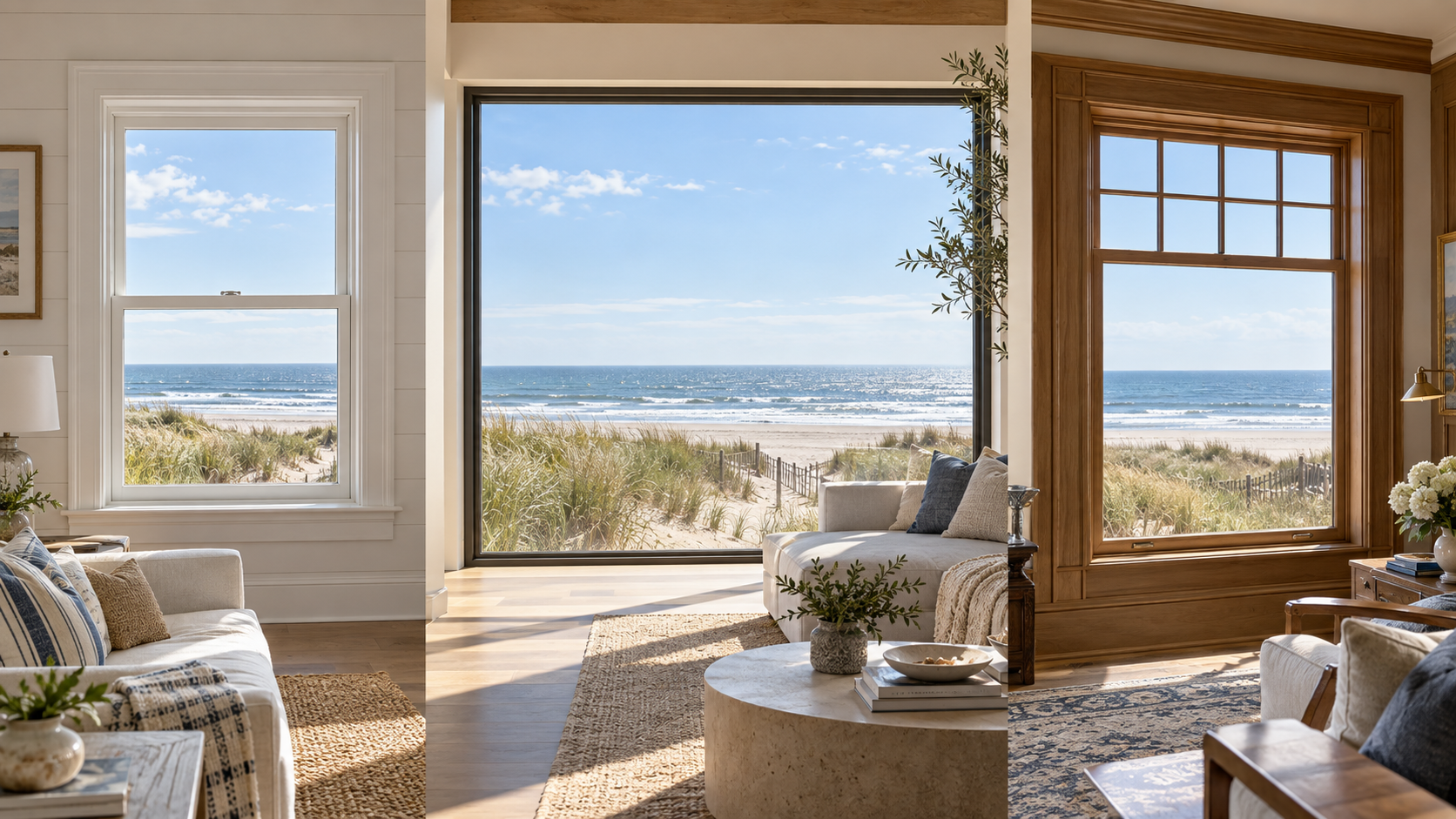 Andersen A-Series Stormwatch windows in a beachfront living room