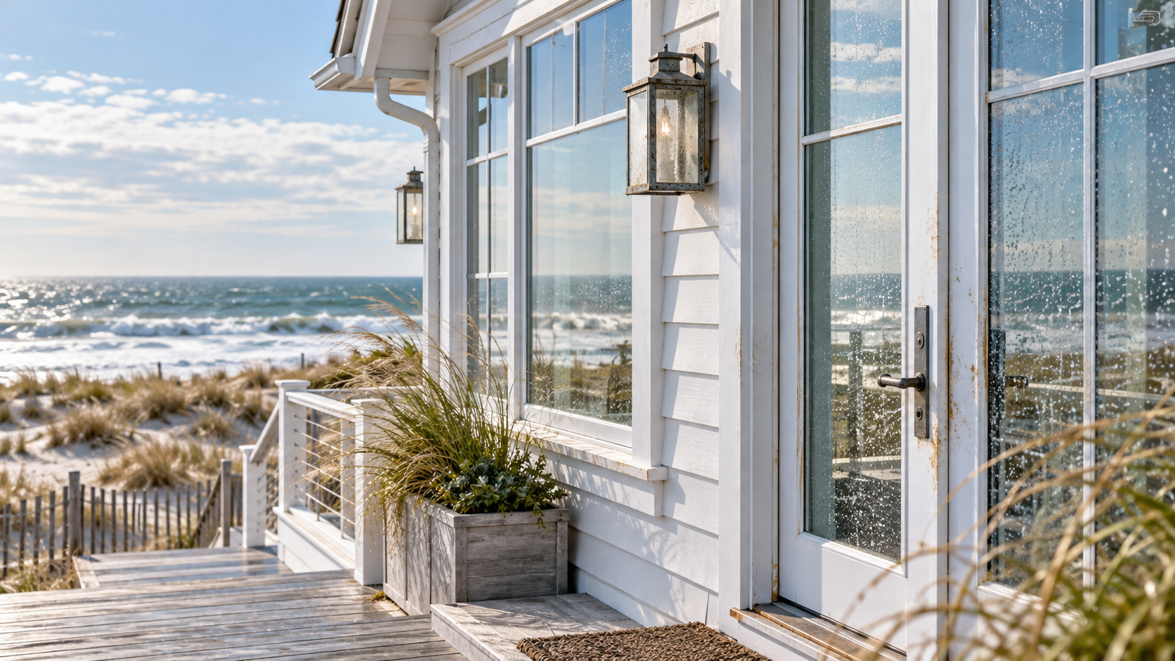 Andersen A-Series Stormwatch windows in a beachfront living room