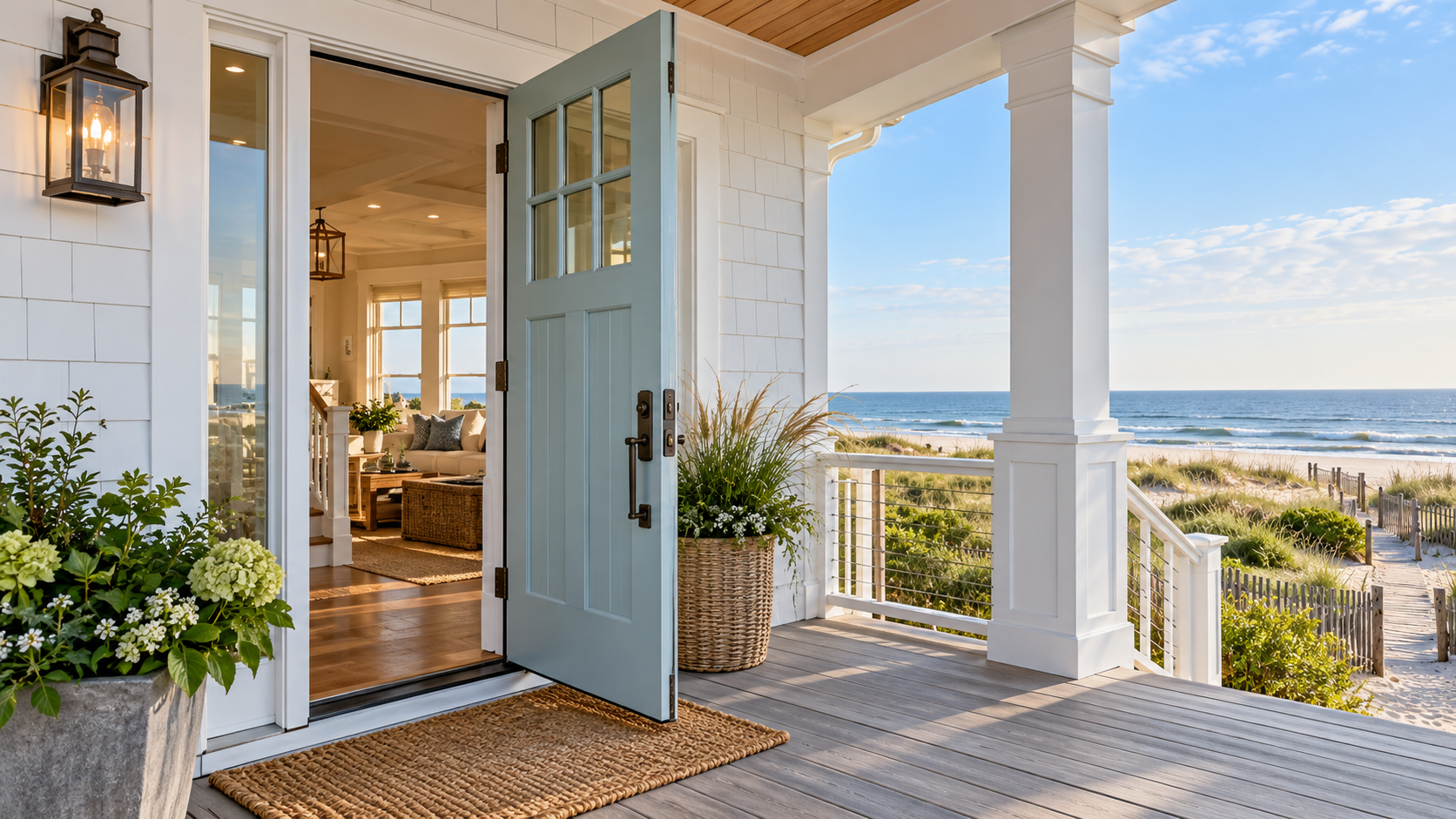 Andersen A-Series Stormwatch windows in a beachfront living room