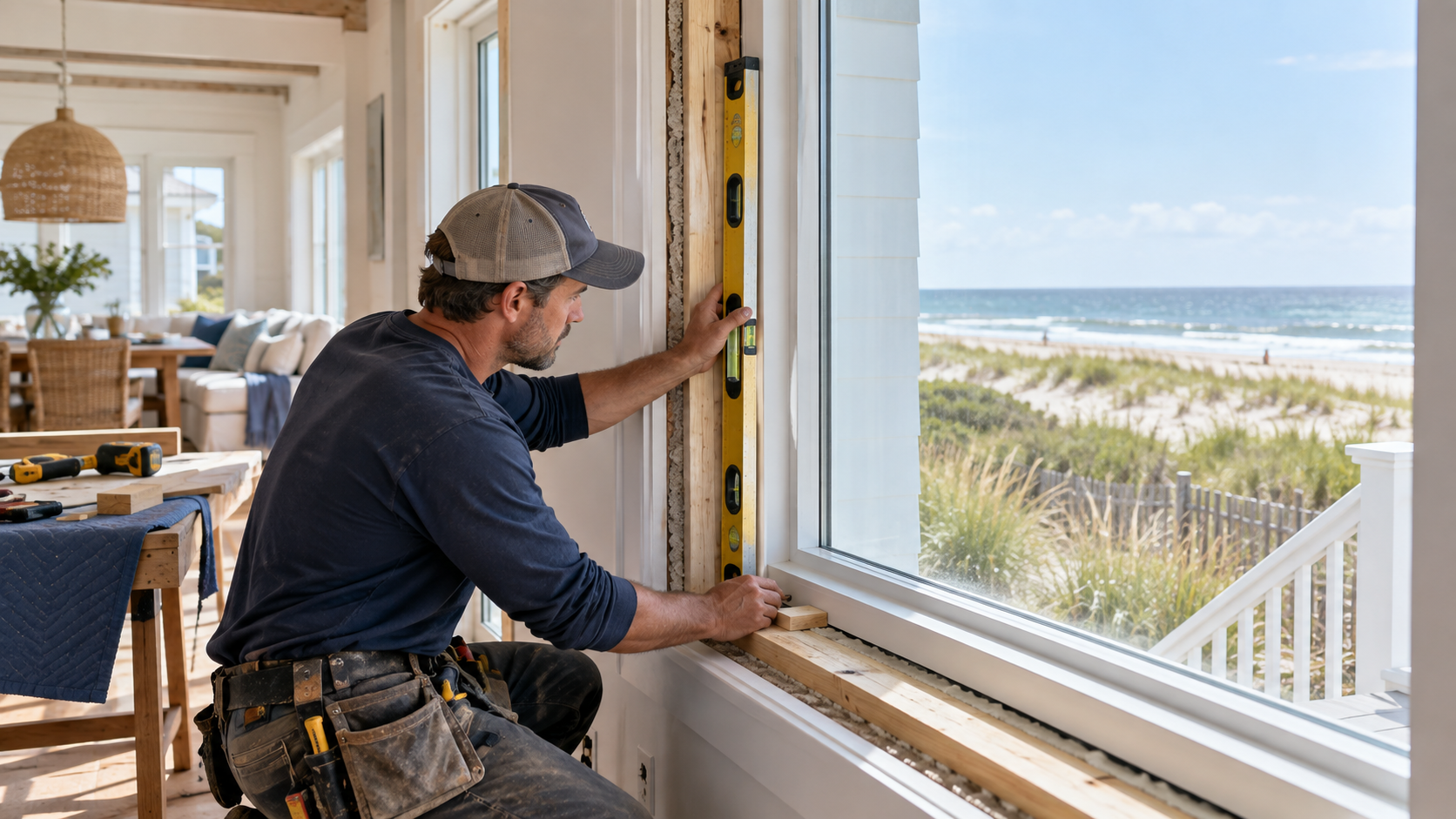 Andersen A-Series Stormwatch windows in a beachfront living room