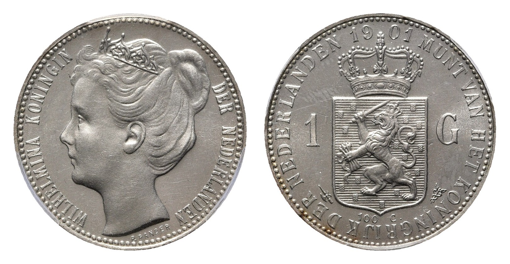 Zilveren gulden 1901 Wilhelmina kroningstype, voor- en keerzijde