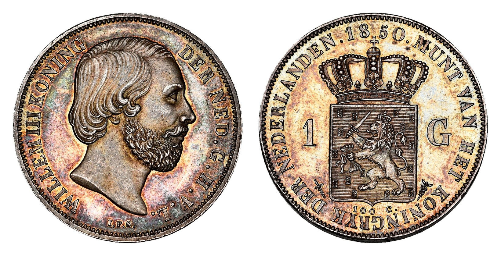 Zilveren gulden 1850 Willem III, voor- en keerzijde