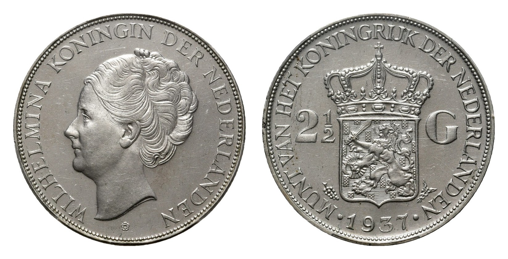 Rijksdaalder 1937 Wilhelmina, voor- en keerzijde