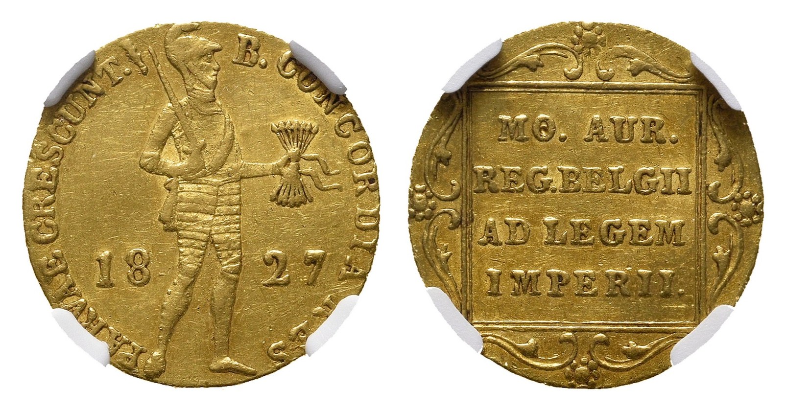 Gouden dukaat 1827 Willem I, geslagen in Brussel, voor- en keerzijde