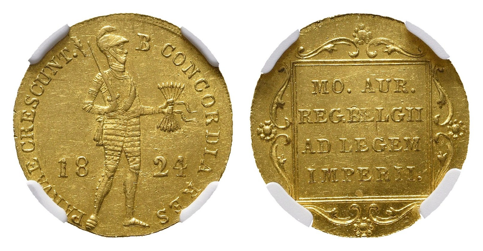 Gouden dukaat 1824 Willem I, geslagen in Brussel, voor- en keerzijde