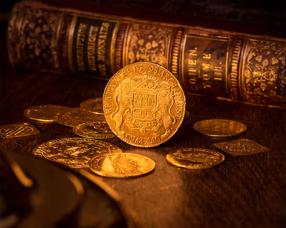 gouden munt met wapenschild, omringd door andere gouden munten op een houten oppervlak met een oud boek erachter.