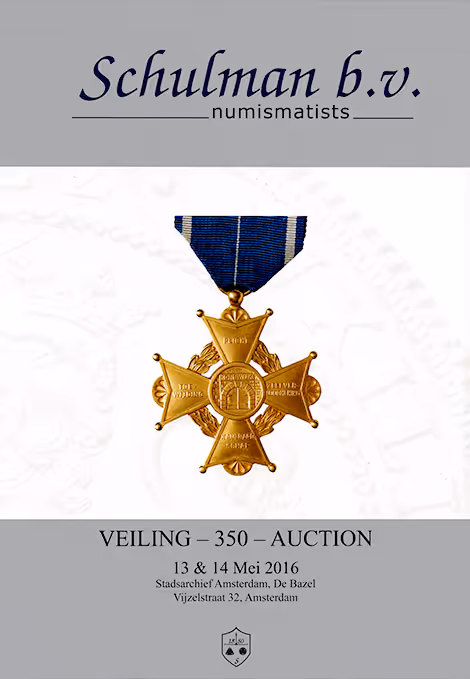 Gouden kruisvormige medaille met een blauw lint, afgebeeld in een veilingcatalogus van Schulman b.v. numismatici in Amsterdam, gedateerd mei 2016.