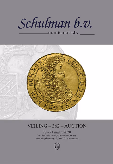 Voorpagina van het veilingboek 362 van Schulman b.v. numismatics met een gouden oude munt en veilingdatum 20-21 maart 2020 in Amsterdam.