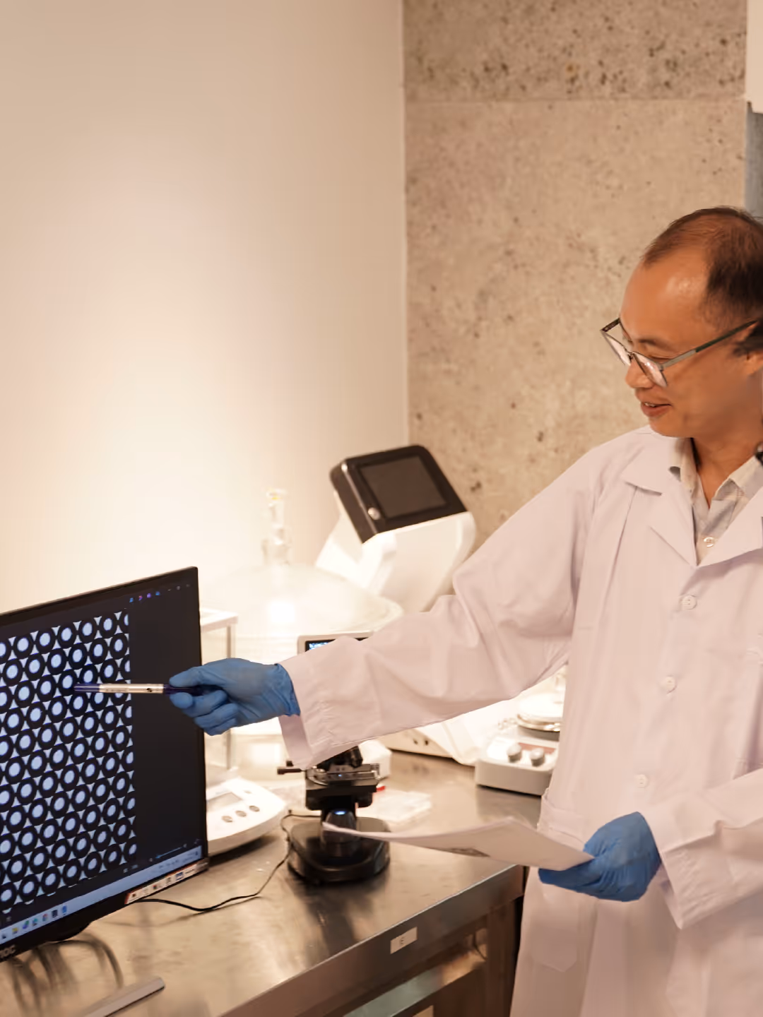 Scientist analyzing droplet patterns on a computer screen in a microfluidics laboratory at Blacksheep Sciences.