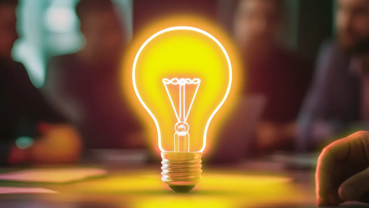 A glowing light bulb on a table with a blurred team in the background symbolising shared ideas through collaboration