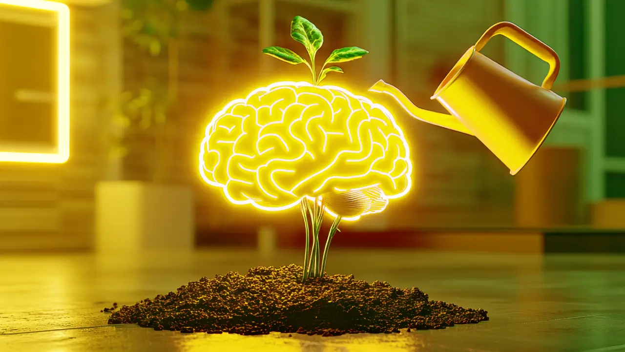 A glowing brain plant being watered symbolising growth through constant learning and education