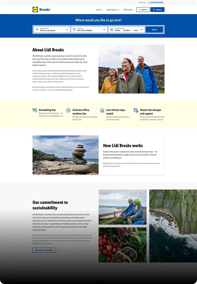 Desktop view of the About Lidl Breaks page featuring company info, how Lidl Breaks works and sustainability efforts