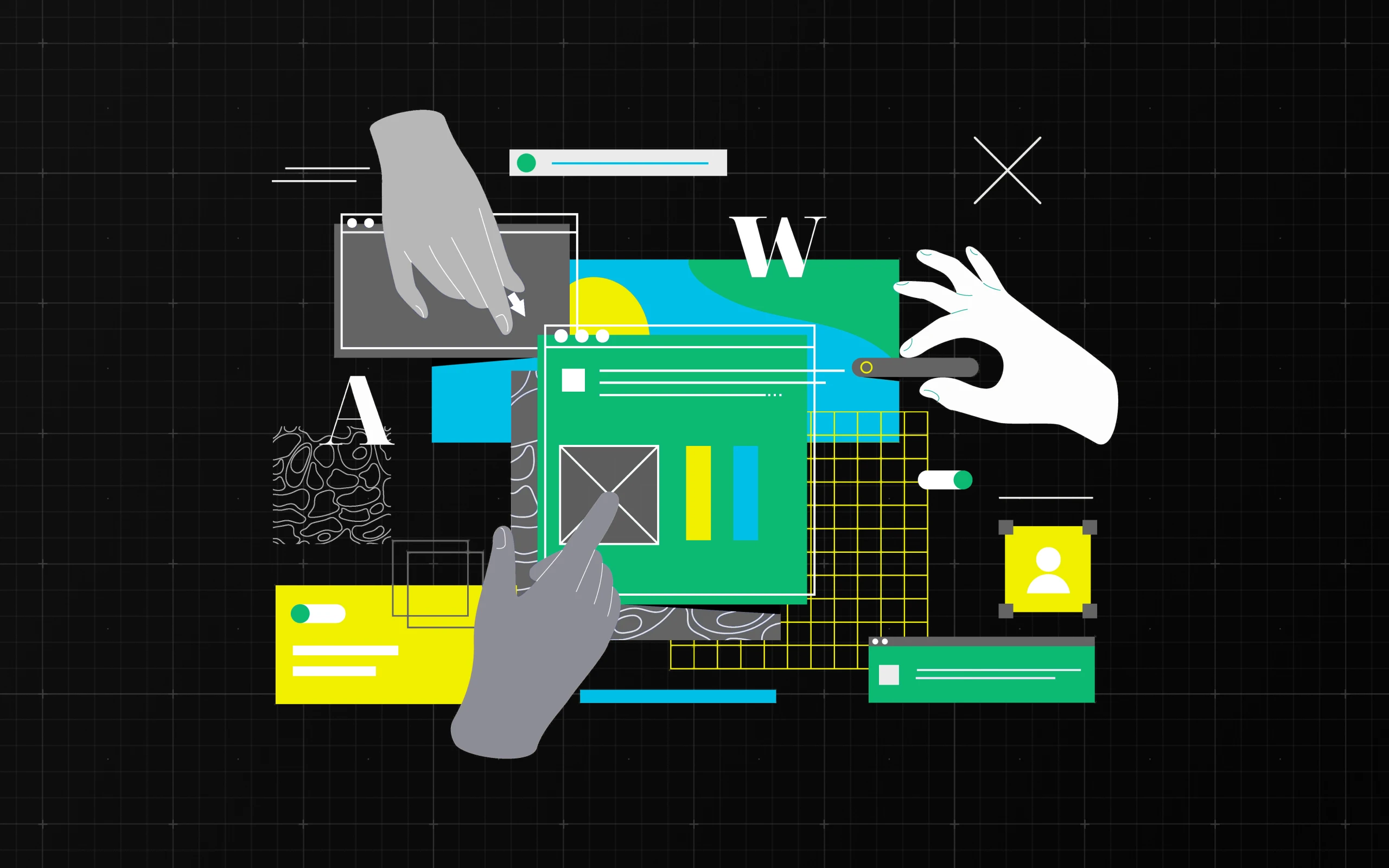 Illustration of UI designer Fred Voigtländer sitting and working at a desk with a sign that reads "My design principles: How I like to work“