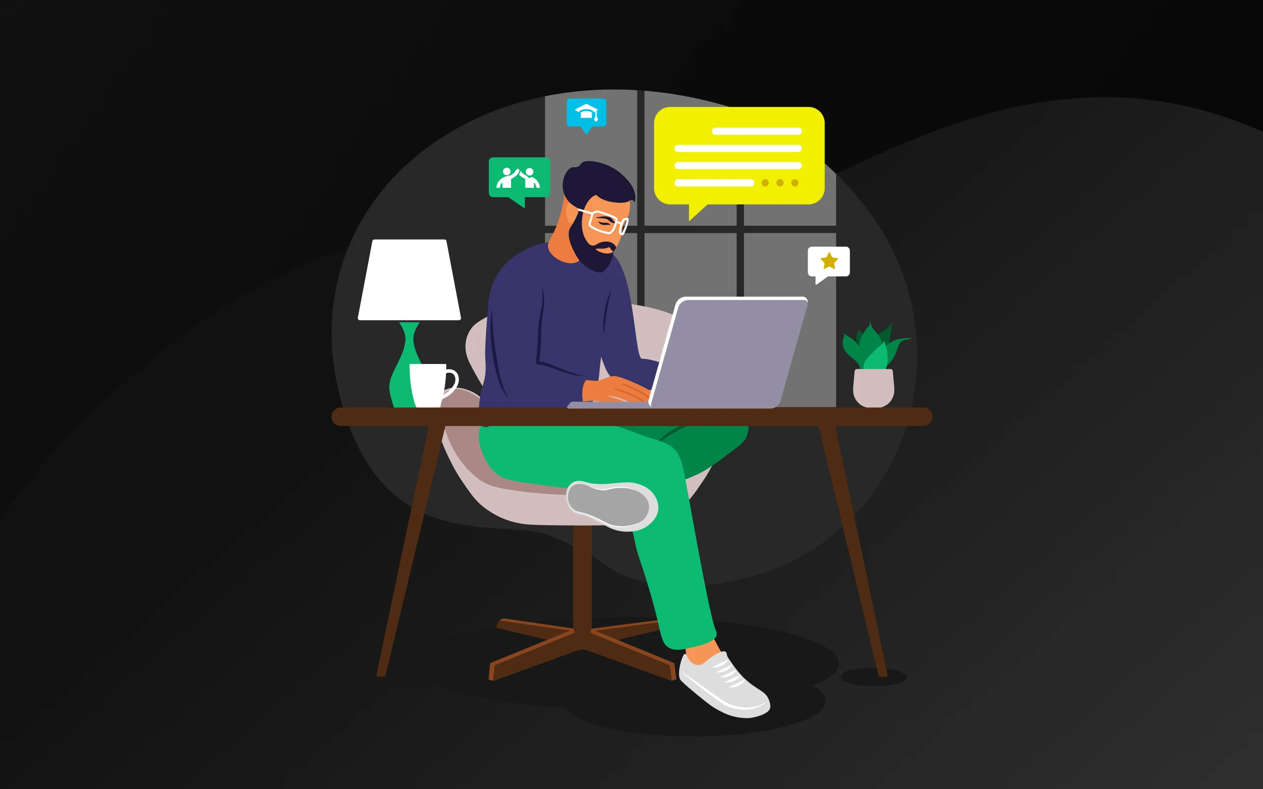 Illustration of UI designer Fred Voigtländer sitting and working at a desk with a sign that reads "My design principles: How I like to work“