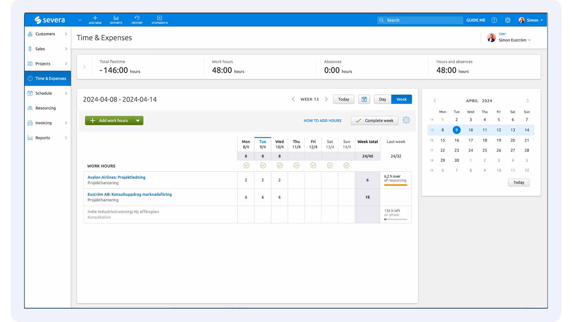 Bilden visar en skärmdump av instrumentpanelen i tid och utlägg i Severa.