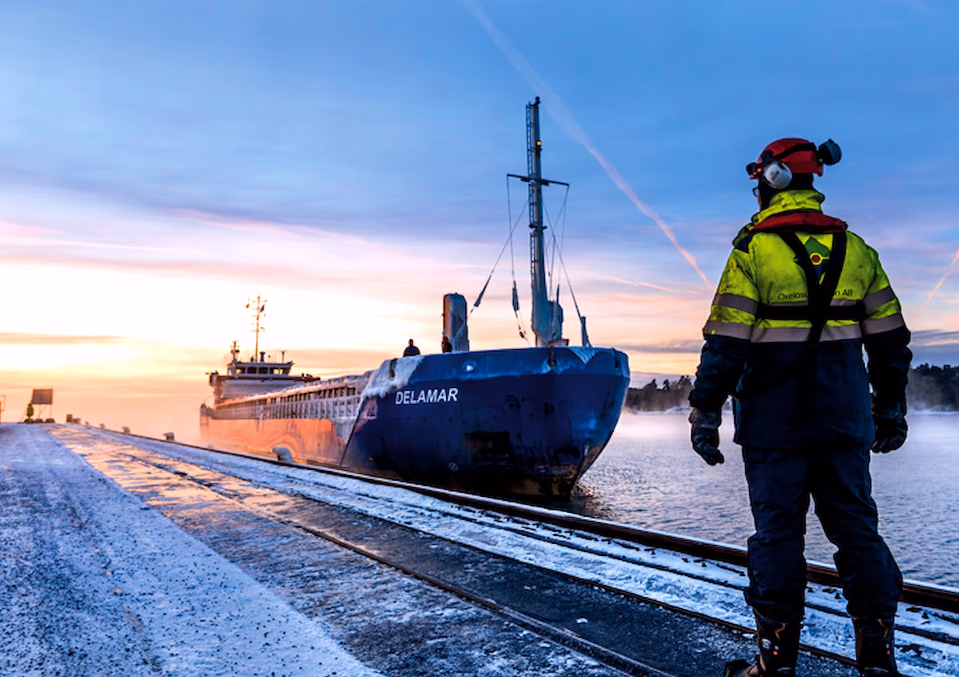Hamnarbetare i reflexjacka och skyddshjälm betraktar lastfartyget Delamar vid en isig kaj i soluppgång.
