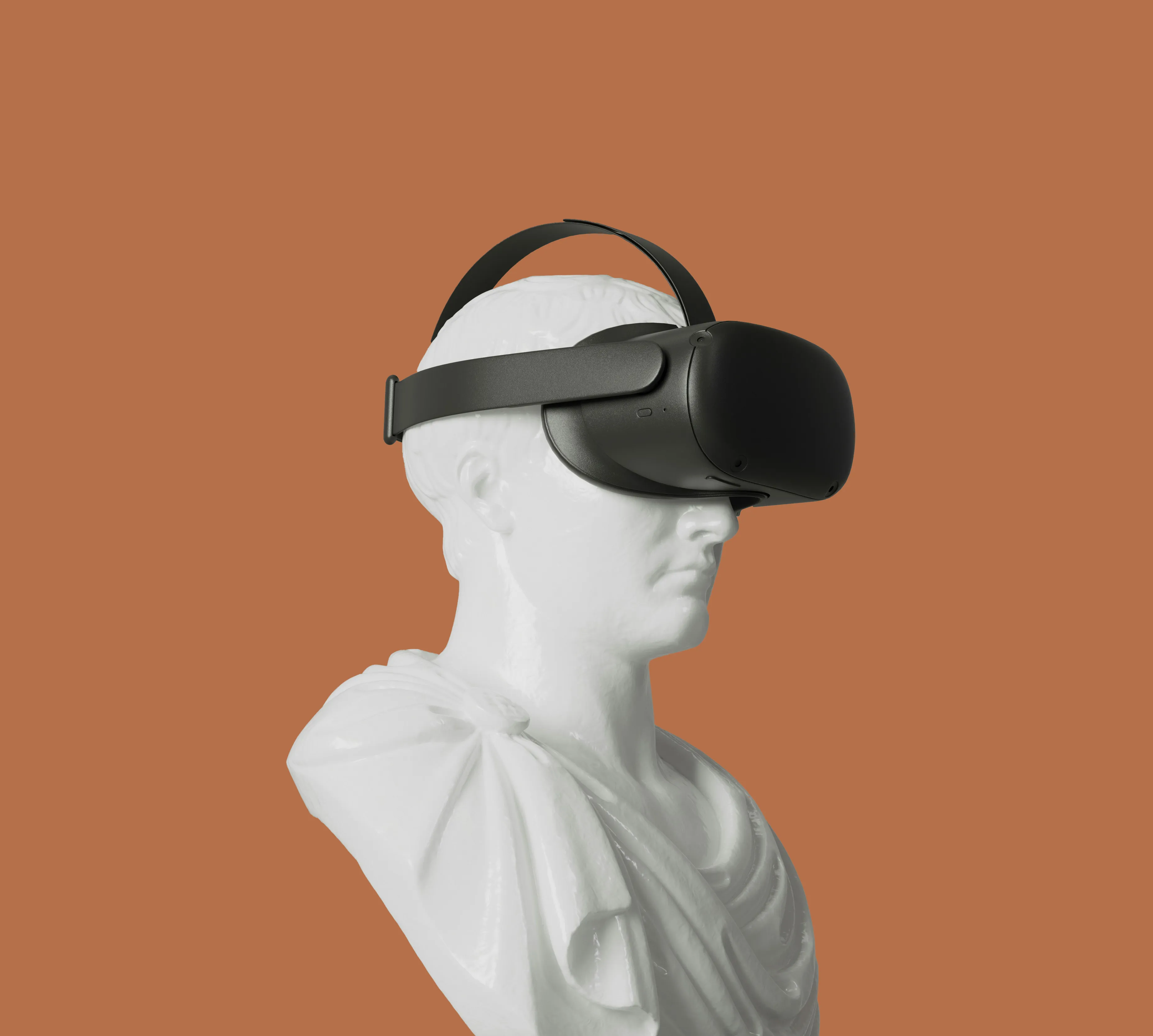 An image of a white bust wearing a pair of black virtual reality glasses.