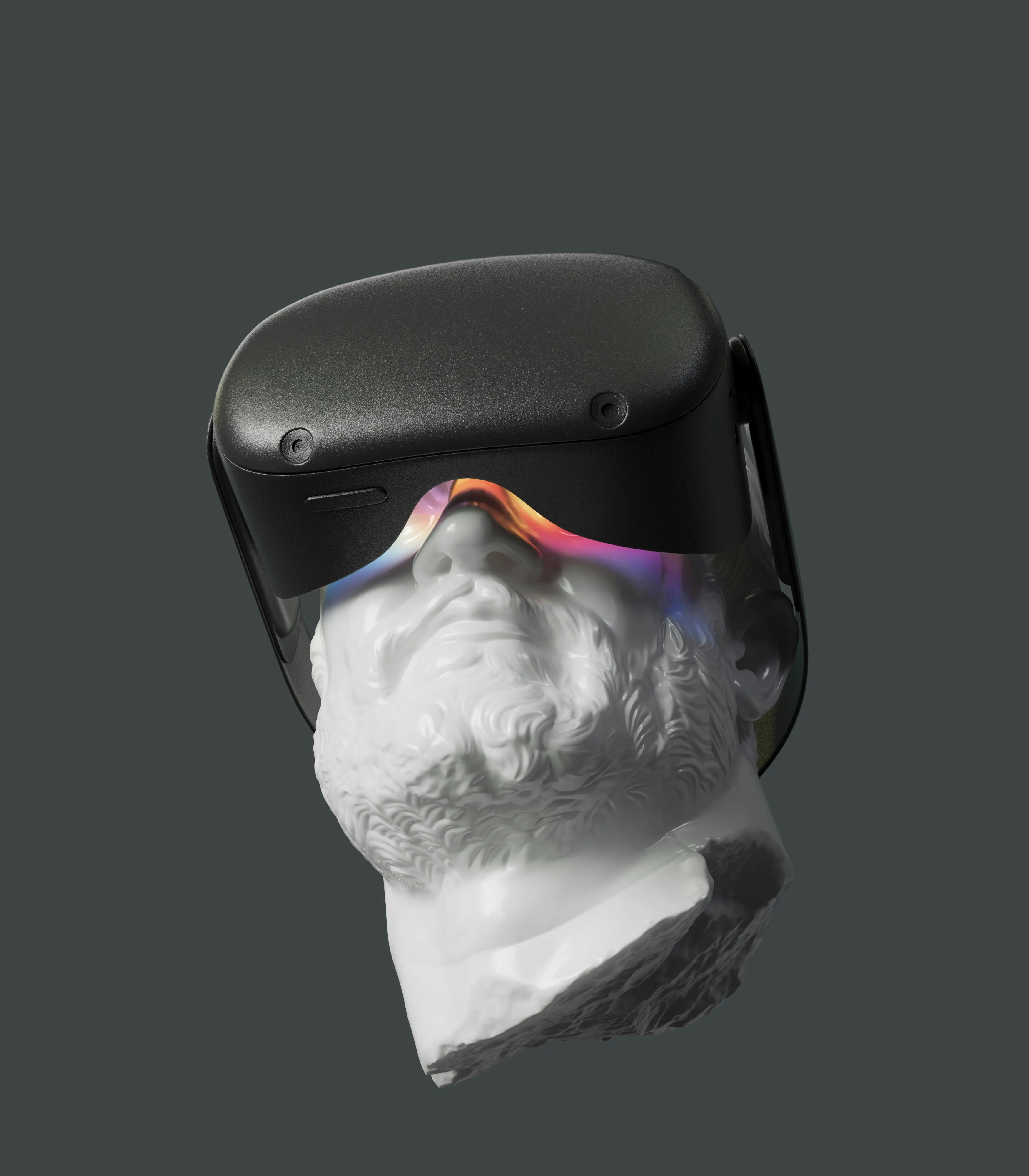 A white bust statue wearing black virtual reality glasses reflecting light.