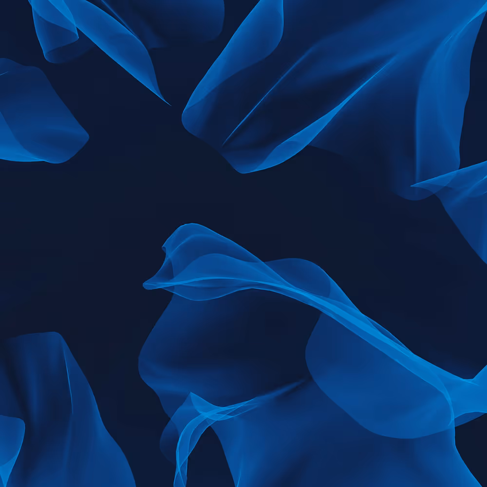 Blue translucent shapes moving across a dark background, echoing AlisAlpha’s focus on clarity and advanced, systematic design.