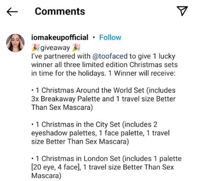 Too Faced instagram giveaway prizes