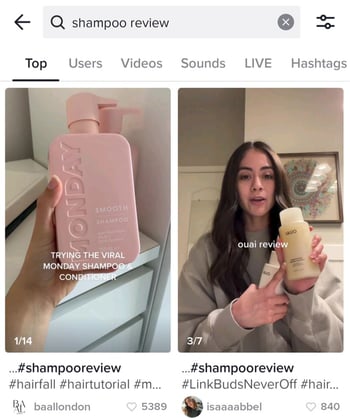 ugc and reviews on a tiktok hashtag