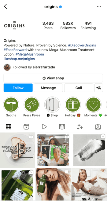 Origins instagram page