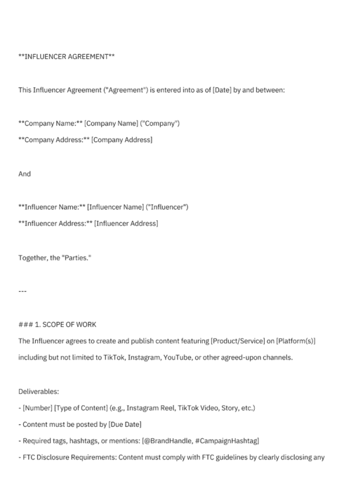 sample influencer agreement page 1