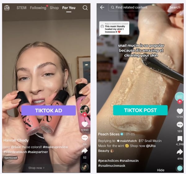 TikTok ad vs TikTok post example