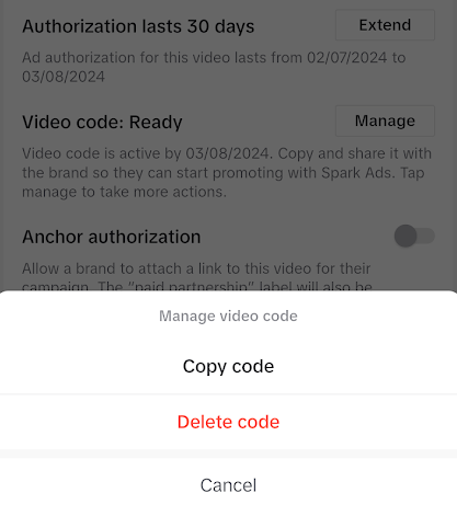 manage TikTok video code screen