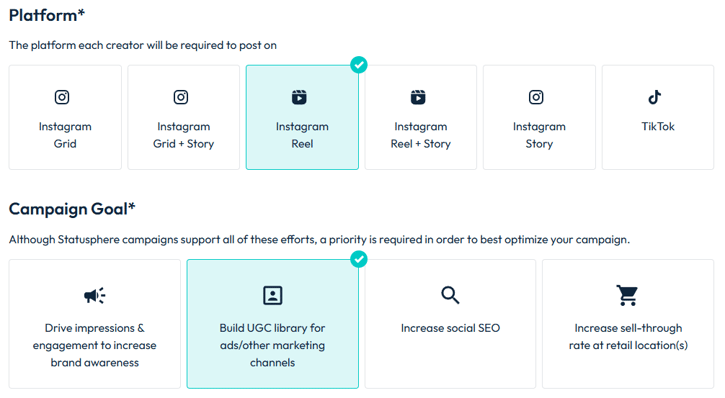 UGC Reels Ads goal in statuspheres platform