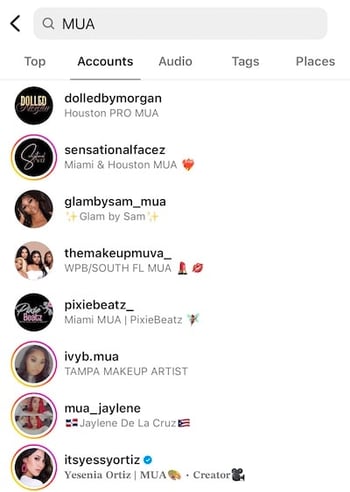 MUA Instagram search result