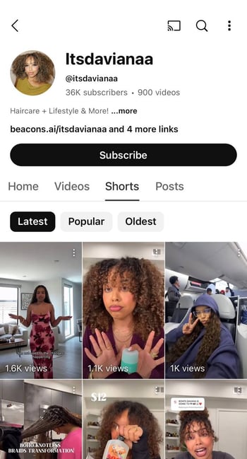 YouTube Channel Shorts Tab example